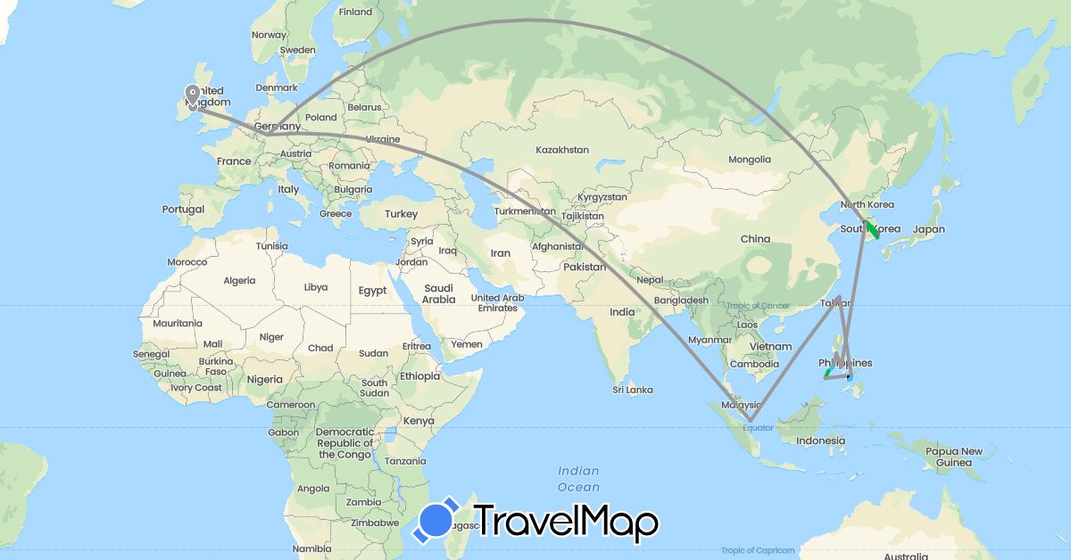 TravelMap itinerary: driving, bus, plane, train, boat in Germany, Ireland, South Korea, Philippines, Singapore, Taiwan (Asia, Europe)